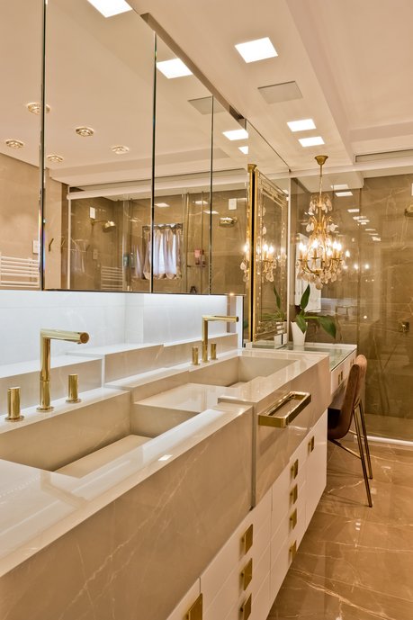 sala de banho - revestimento e bancada Ophicina Portobello, metais Hansgrohe