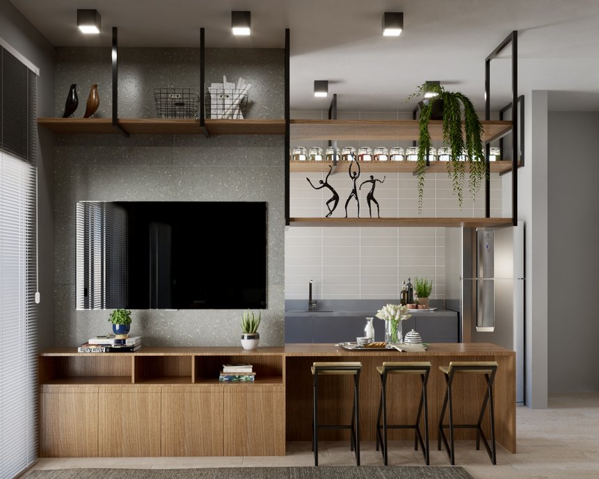 Painel de televisão com bancada para refeições e cozinha 