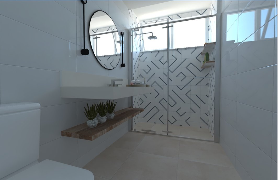 Banheiro social com design leve e versátil