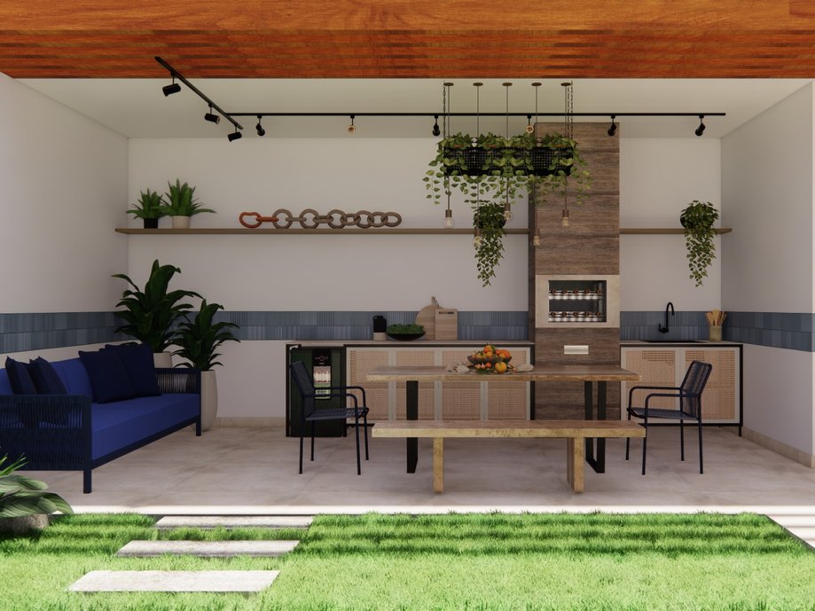 O espaço Gourmet dessa residência foi projetado para transmitir tranquilidade e conforto, de forma versátil e sustentável. A proposta para este ambiente é unir a família para que possam criar lembranças e fugir dos estresses do dia a dia, com a ideia de deixa-lo amplo onde tudo se conecta a natureza, uma decoração rustica e moderna, e ao mesmo tempo leve. A madeira plástica para o pergolado (um produto de alta durabilidade que evita sujeira na obra), não precisar de reforma ou pintura além de ser totalmente sustentável. A cobertura fica por conta da pergotelha com um material translúcido, mas que traz conforto térmico à construção, onde a luminosidade passa e o calor é retido, filtrando os raios UV, tornando o ambiente confortável. A escolhas dos móveis em tom de azul foi um ponto chave para escolha do revestimento da Portobello como o Midnight Groove que segue todo o ambiente criando uma faixa e ampliando o espaço, pensando em área externa o sofá e as cadeiras tem com material principal a corda náutica que