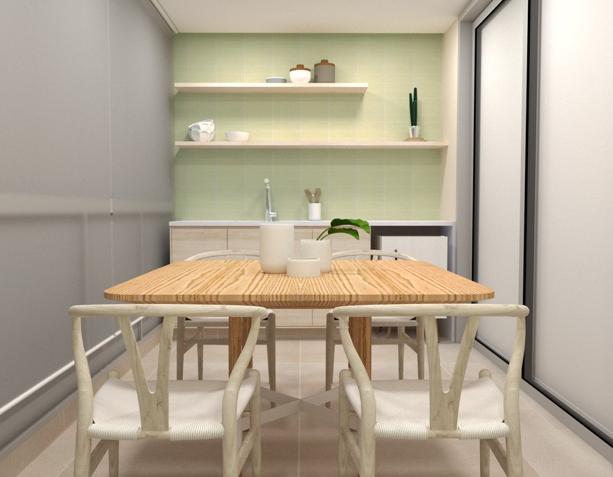 Proposta de uma varanda com lançamentos da coleção unlimited 2021: piso Via Durini fog e detalhes com a linha Horizontes do Pedro Andrade.