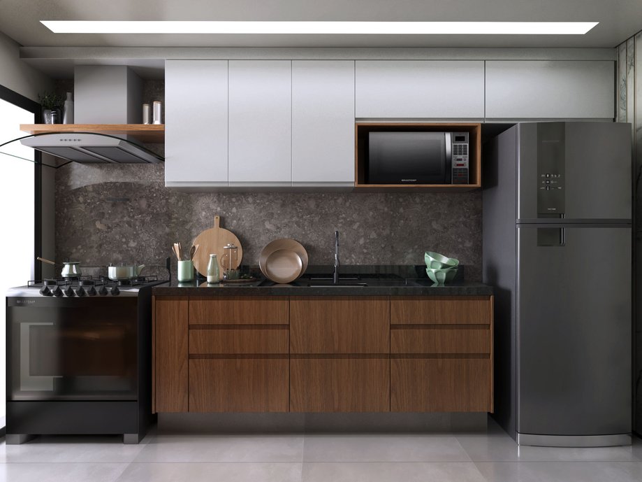 Cozinha Pietra, uma cozinha pequena mas muito funcional e cheia de charme. Nela usamos materiais que nos lembram elementos da natureza, como por exemplo a textura amadeirada do armário e o porcelanato Pietra Lombarda Grigio, da Portobello, que remete a rochas.