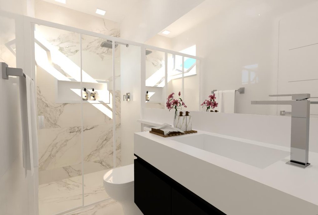 Banheiro moderno e ao mesmo tempo charmoso, trazendo o detalhe do marmorizado no chão e na parede