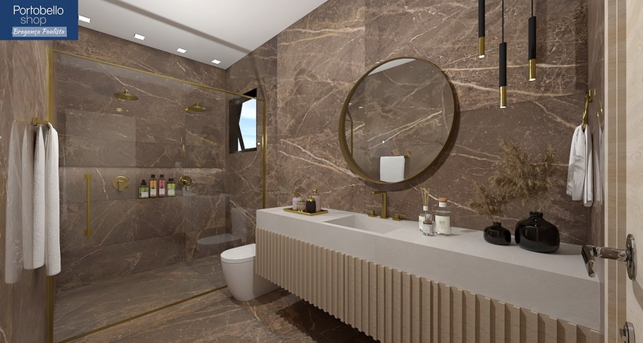 Opção de banheiro moderno marmorizado em tons de marrom e detalhes em outro escovado.