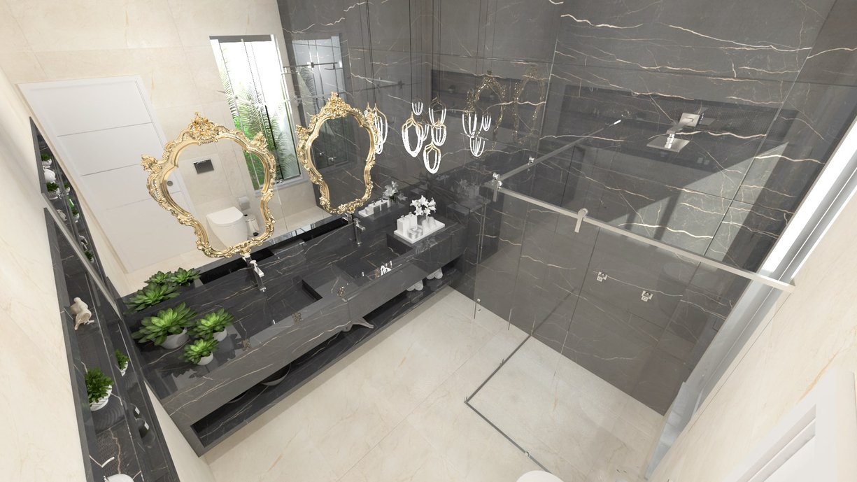 Suíte Master - Vista Perspectivada - Beige Versailles 60x120 Nat - Beige Versailles 60x120 Pol - Nero Venato 60x120 Pol - Gioielli Oro 30x30