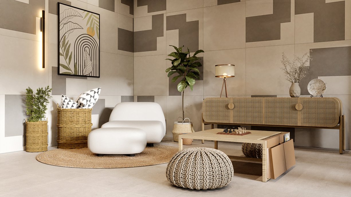 O living Soma pretende integrar a família com a natureza, suas grossas paredes de pedra natural, possibilitam o aconchego térmico e charme do projeto em conjunto com o piso Brasília Concreto. Sofás e poltronas macias e modernas contrastam com a rusticidade dos demais itens inspirados na decoração boho. A natureza invade o ambiente não somente nas formas e cores do design mas abraçam a escada ao lado de um espaço dedicado a jogos de tabuleiro em família, neste, a estrela é o revestimento Soma que da o ar descontraído ao projeto.