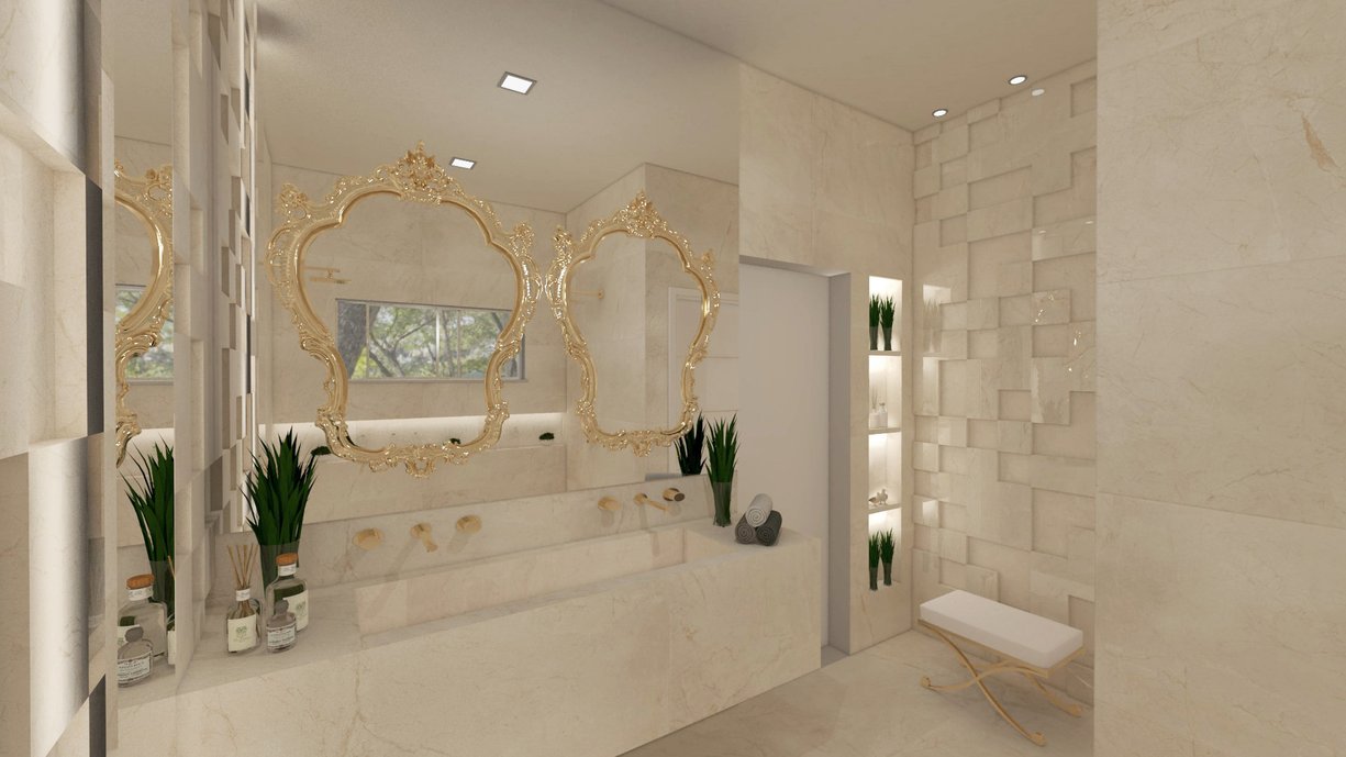 Suíte Master - Vista Perspectivada - Beige Versailles 60x60 Pol Ret - Beige Versailles 60x120 Pol Ret