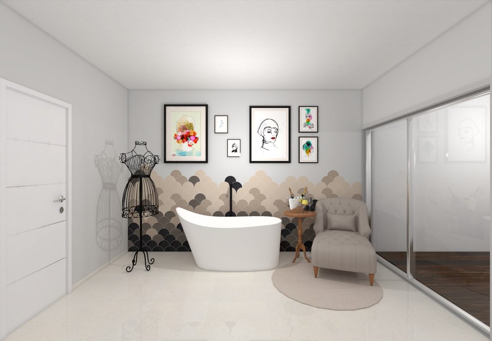 Banho da Noiva - Vista Frontal - Twist White 60x60 Pol Ret - Pavone Mineral Nude 20x20 Ret - Pavone Mineral Concreto Aparente 20x20 Ret - Pavone Mineral Grafite 20x20 Ret - Pavone Mineral Black 20x20 Ret