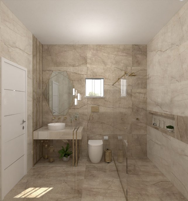 Banho Externo - Vista Frontal - Noce Savanna 60x120 Pol Ret - Nude Savanna 60x120 Pol Ret - Dansk Plan Gold 1,2x120 Mate