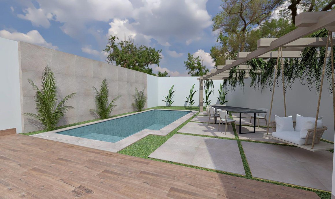 Área de lazer projetada para acolher uma família e amigos aos finais de semana. Composição de madeira, pedra e o azul da piscina no sunset Rio. 