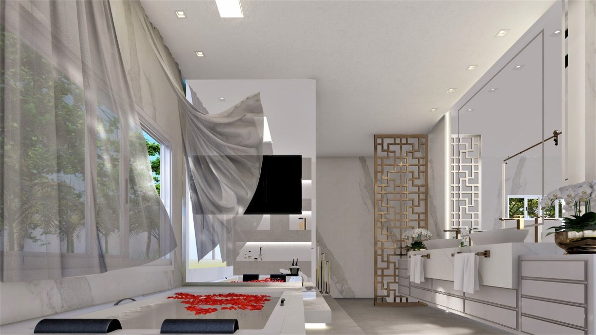 Uma suite master em tons claros, moderna e acolhedora