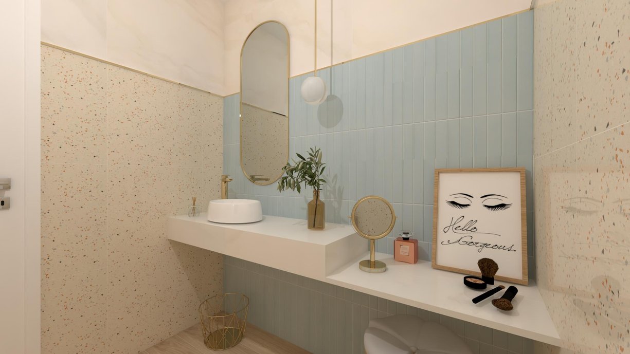 Charmoso lavabo na composição de fragmentos de mármore do Twist Straw Art e o modernismo do Pavillon Outremer Pale. 