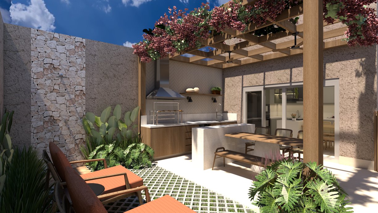 Uma área externa integrada com a cozinha, proporciona uma experiência completa e funcional. Optamos pelo revestimento Via Durini Fog no piso e o Liverpool na parede, ambos Portobello, garantindo um ambiente moderno e aconchegante, perfeito para receber a família e amigos!