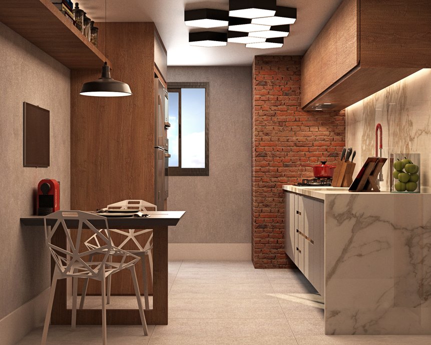 Cozinha conceito industrial contemporâneo em tons de cinza e madeira, trazendo conforto e sofisticação. 