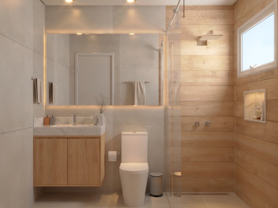 Banheiro em tons neutros com madeira.
