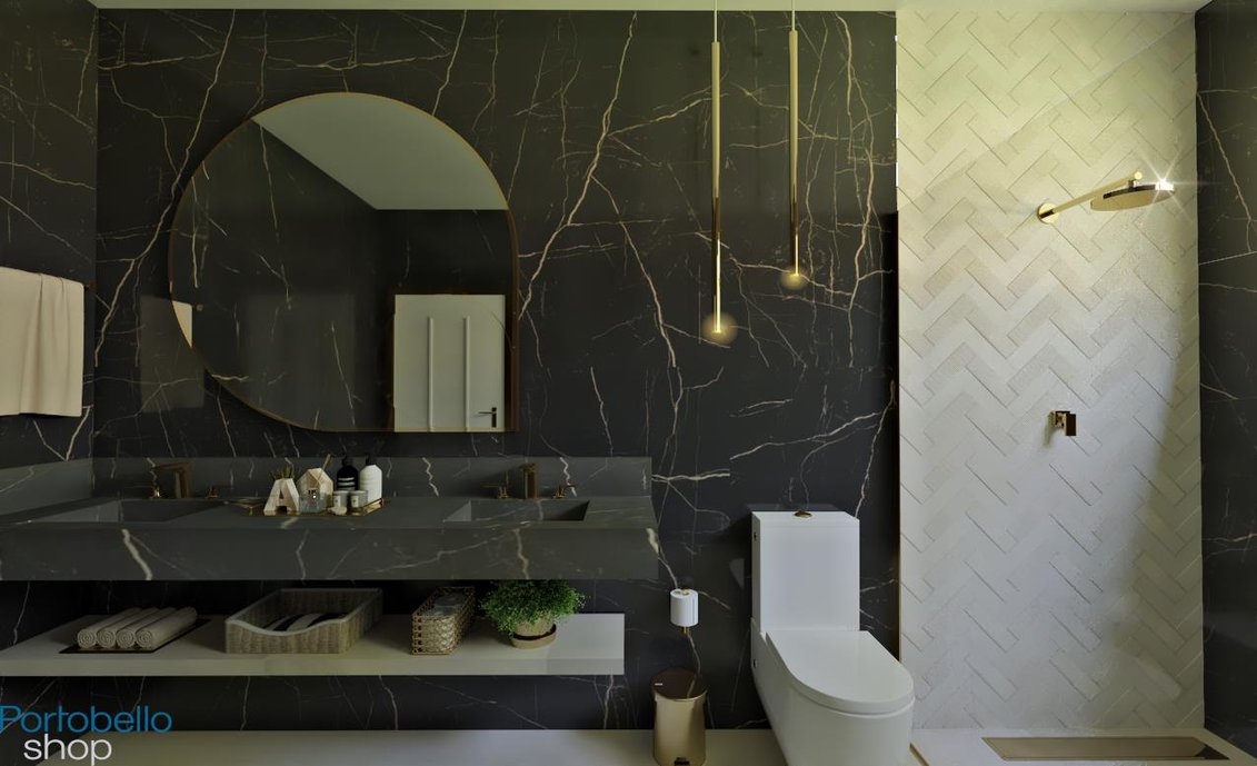 BANHEIRO REVESTIDO COM NERO VENATO NO FORMATO 90X180 POL NAS PAREDES O QUAL TAMBÉM FOI UTILIZADO NA NOSSA BANCADA BLOCCO, DETALHE NO BOX NA LINHA HORIZONTES SANTORINI, E NO PISO MS. BARCELONA CRISTAL NO FORMATO 90X180 NAT, O QUAL TAMBÉM FOI UTILIZADO NA NOSSA PRATELEIRA, TAMBÉM FOI USADO TODA A LINHA DE LOUÇA DOCOL E RALO LINEAR. Projetista Aurea Lotierzo
