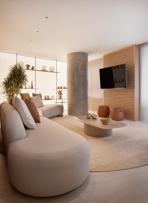 Coluna na sala, sofá orgânico, painel de tv em muxarabi