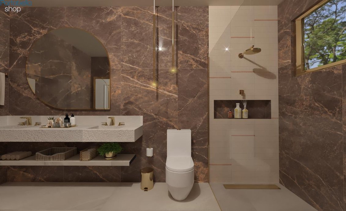 BANHEIRO REVESTIDO COM *OR* DE CACAU 120X120 POL NAS PAREDES, PISO E BANCADA EM MS. BARELONA CRISTAL 90X180 NAT E DETALHE DO BOX COM TERRALMA NORONHA E FILET TERRALMA SARDENHA, LOUÇAS DOCOL E RALO LINEAR. Projetista Aurea Lotierzo.