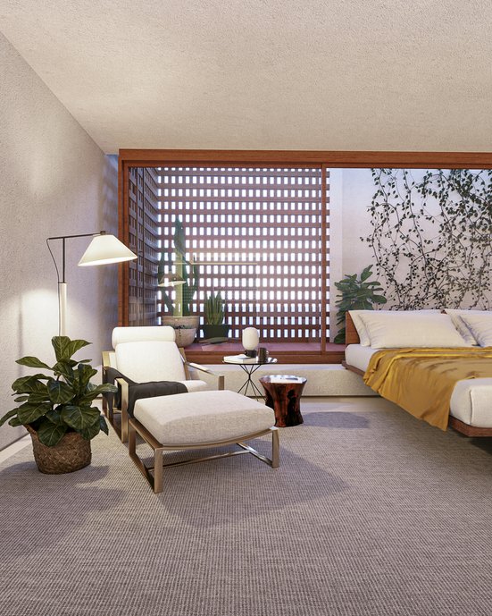 Quarto com terraço ao fundo trazendo luz natural ao ambiente