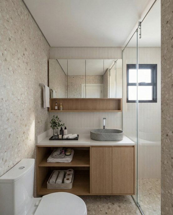 Banheiro suite casal, vila vis vila mascote. Revestimentos: Revestimento de Parede Interno Monocolor Acetinado 45x120cm Borda Reta Graffi Branco Portobello e
Porcelanato Portobello Samba Rock Off Whit