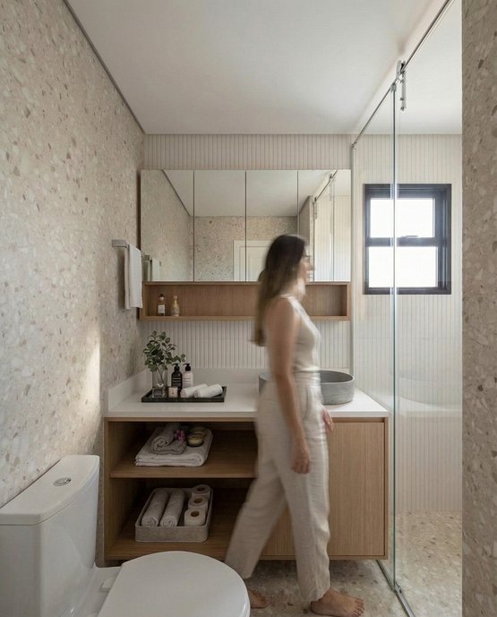 Banheiro suite casal, vila vis vila mascote. Revestimentos: Revestimento de Parede Interno Monocolor Acetinado 45x120cm Borda Reta Graffi Branco Portobello e
Porcelanato Portobello Samba Rock Off Whit