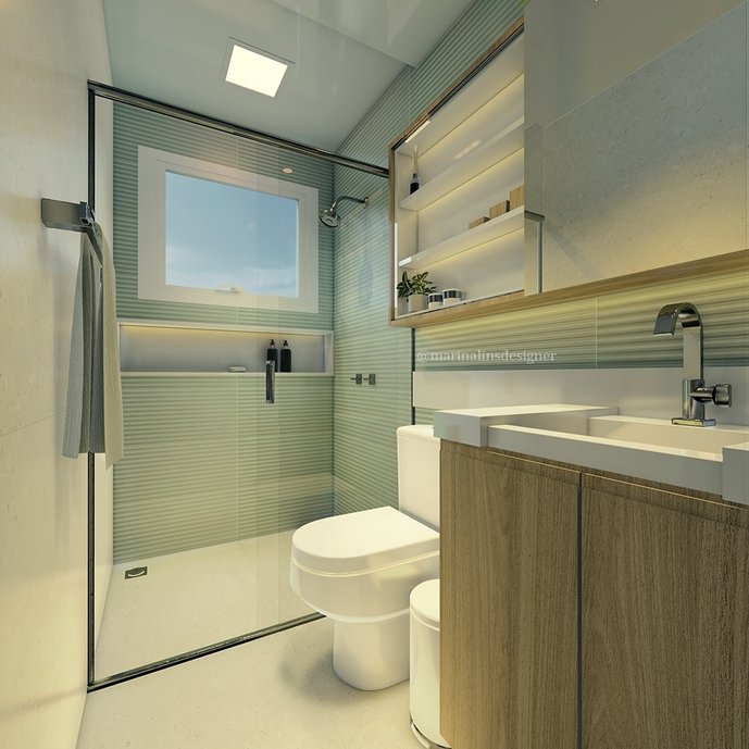 Banheiro encantador, pequeno mas com muito charme e funcionalidade. Para passar a sensação de aconchego utilizamos o porcelanato Yass e com um toque de cor revestimos duas paredes com o porcelanato colorblock aquamarine zigzag que deu um charme a mais para o banheiro . 