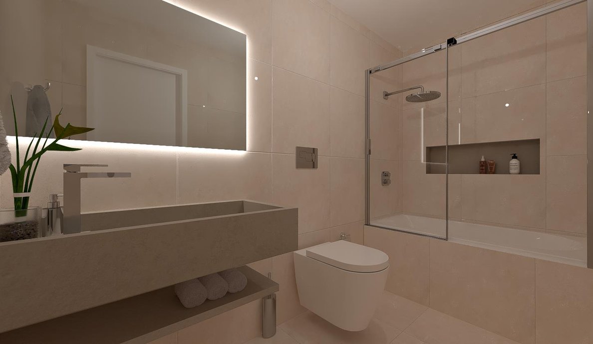 Banheiro revestido em piso e parede Pietra Off White