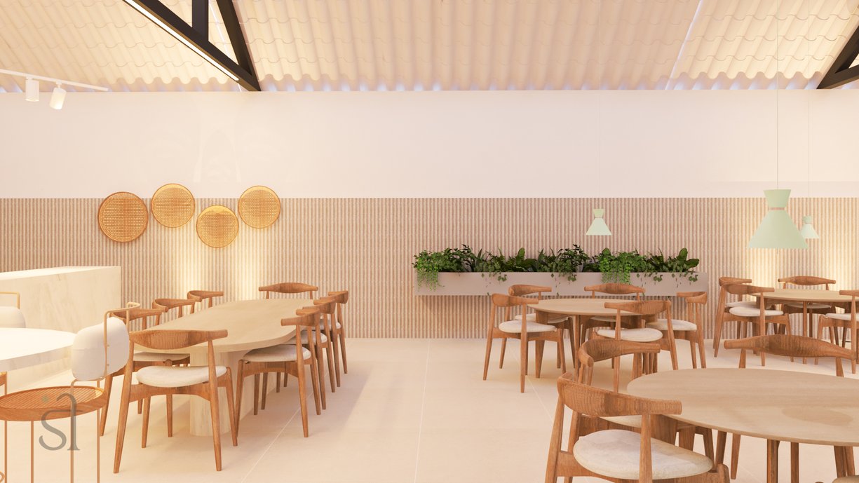 Salão do café com mesas diversas 