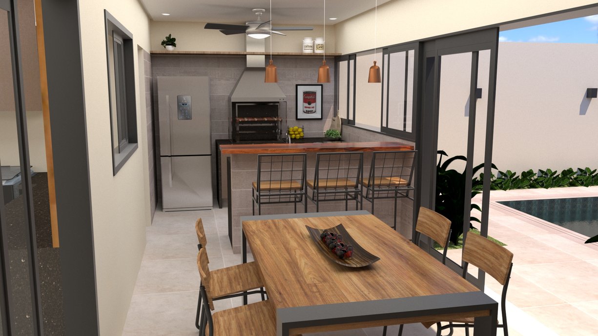 Espaço Gourmet estilo industrial com bancada em península. Tons que remetem ao concreto se juntam à madeira e as esquadrias pretas.