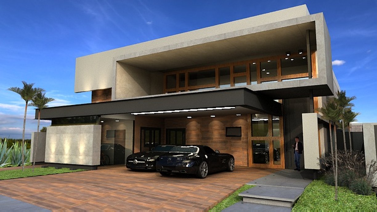 Fachada moderna com piso Ibirapuera Mix, linhas modernas, aço, concreto e madeira.