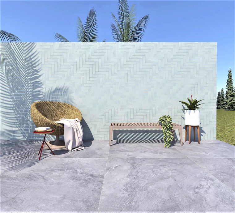 Area externa com BLEU DE SAVOIE 120X120 e HORIZONTES ZANZIBAR ONDAS 6,5X23 MATE BOLD EXT RET e 
