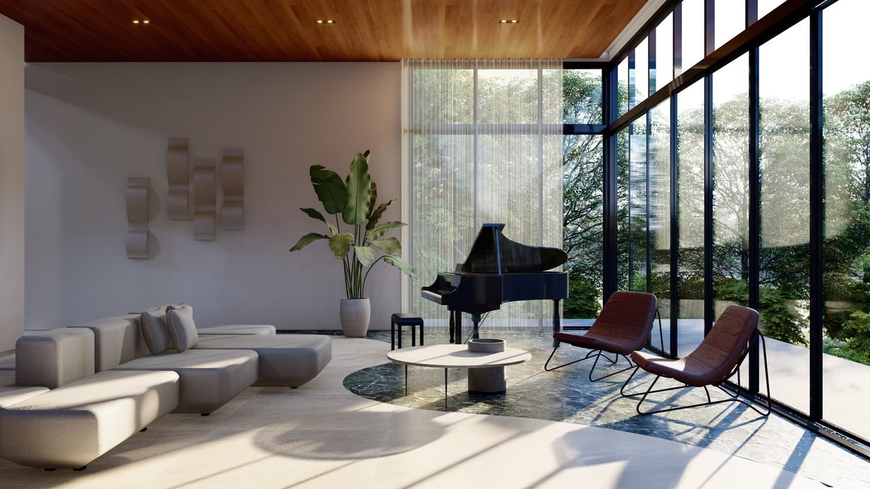 A casa no todo foi pensada para proporcionar o menor impacto possível a natureza, especialmente a natureza que entorna a edificação. Para esse living room, a solução sustentável foi estudada através dos grandes vãos, na qual trazem a iluminação e ventilação natural poupando energia e ao mesmo tempo trazendo beleza ao ambiente. Para remeter aconchego o forro foi trabalhado com madeira de pinus reflorestado, ao mesmo tempo que contribui para menos impacto à natureza, deixa o ambiente mais descontraído e auxilia na acústica, já que temos um lindo piano ornamento o espaço que vai servir grandes momentos de música para a família e amigos. #ConcursoArchtrendsCasoca