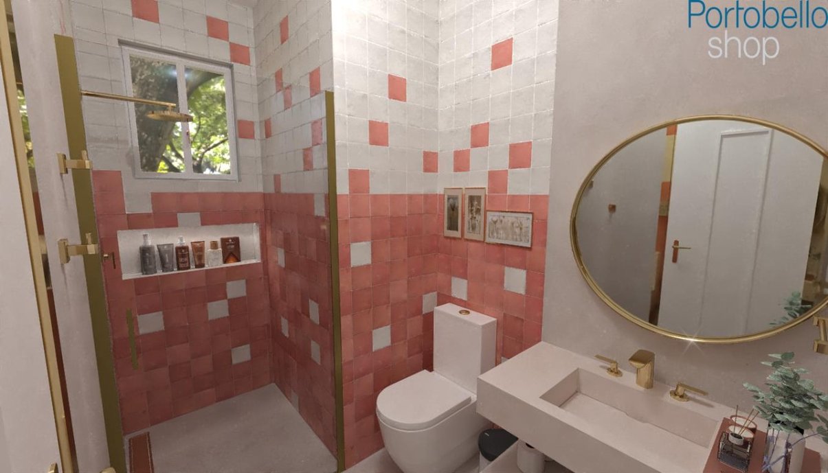 Banheiro revestido com casablanca nuage e casablanca rose em degradê, e no piso pietra di firenzi grigio.