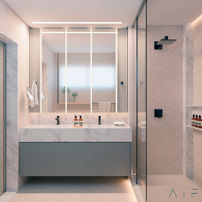 A tonalidade off-white do porcelanato com suave simulação de pedra reveste todo o banheiro. A composição é contemporânea e leve.