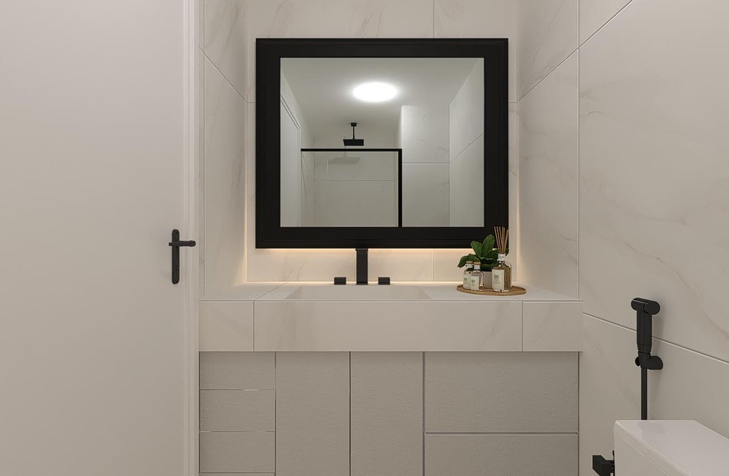 Banheiro Suíte revestido com a leveza do Bianco Covelano 90x90 natural e polido, aliado aos metais grafites (Docol metais) e pretos (espelho e esquadrias) que dão o toque moderno e despojado ao ambiente.