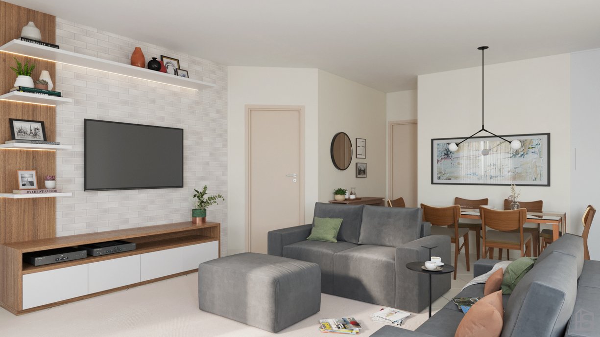 Projeto de interiores de sala de TV integrada com sala de jantar.
