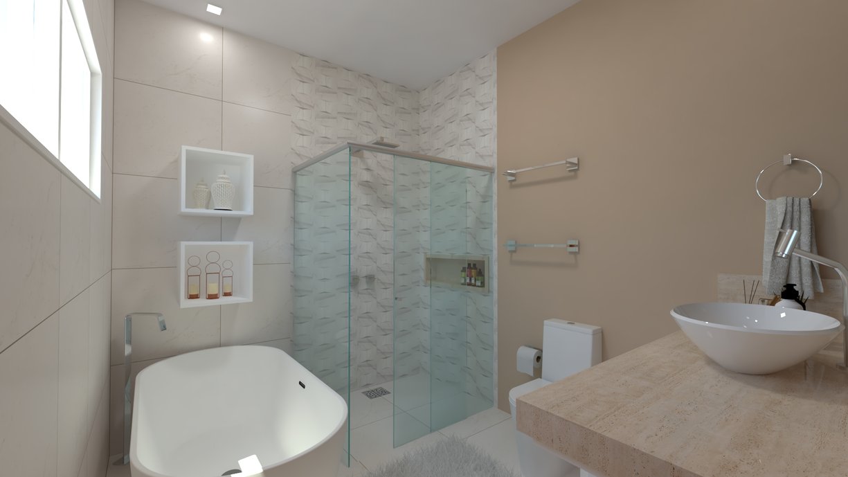 Neste projeto utilizamos o revestimento Bianco Covelano nas paredes fora do box e no piso, dentro do box optamos pelo Memphis também em Bianco Covelano para ter o casamento perfeito.