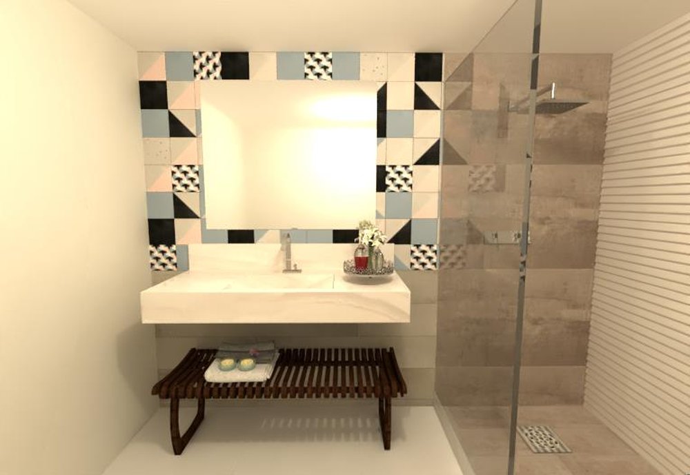 Ambiente com Linha Futura e box com peças em junta casada da Linha Brasília e lateral em Clapboard White