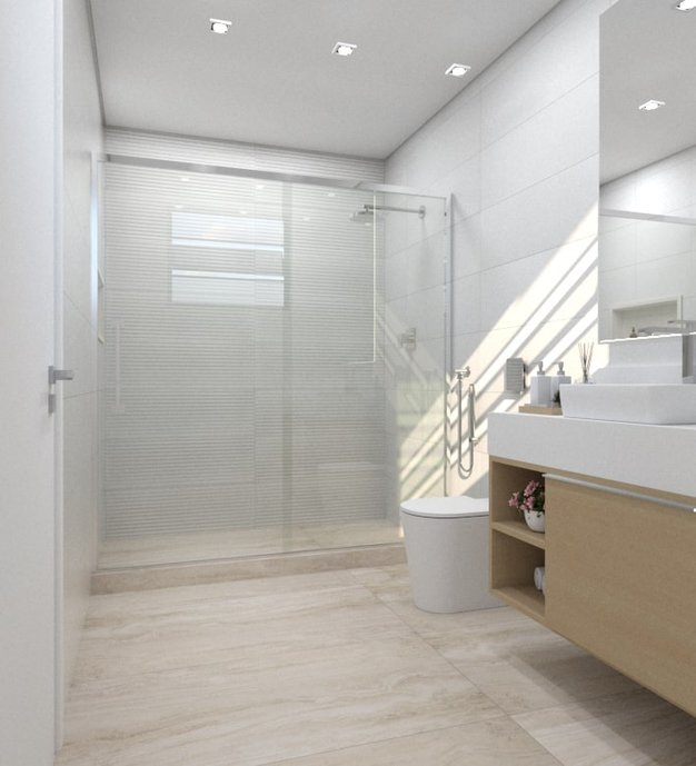 3D Banheiro clean. Mármore Travertino e White Zigzag, beleza atemporal. 