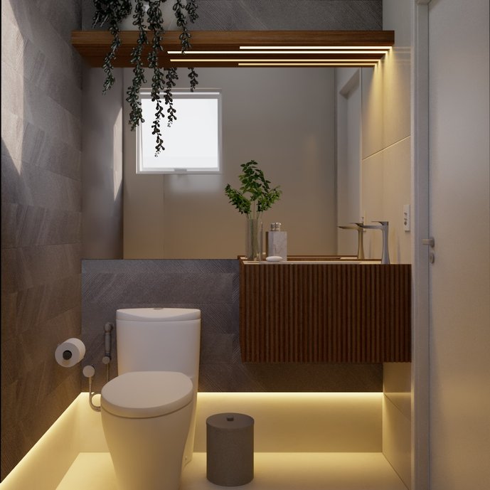Lavabo contemporâneo projetado pela arquiteta Tamara Goes do @Studio120 tendo um jogo de iluminação que permite que o revestimento da Portobello fique ainda mais em destaque.