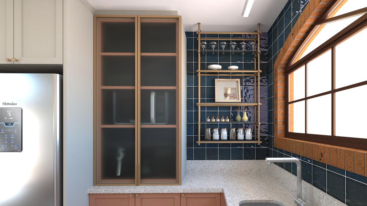 cozinha com mix de cores azul e terracota. Revestimento da parede no Gouache Bleu Marine