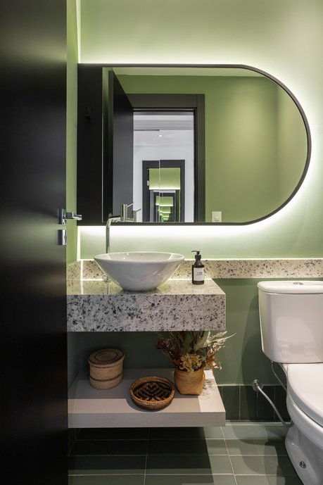 Lavabo verdinho com piso Terralma Mandacaru