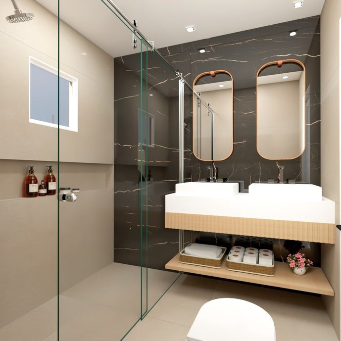 O design de um banheiro contemporâneo deve preservar linhas retas e limpas, além de possuir detalhes em pontos focais.
