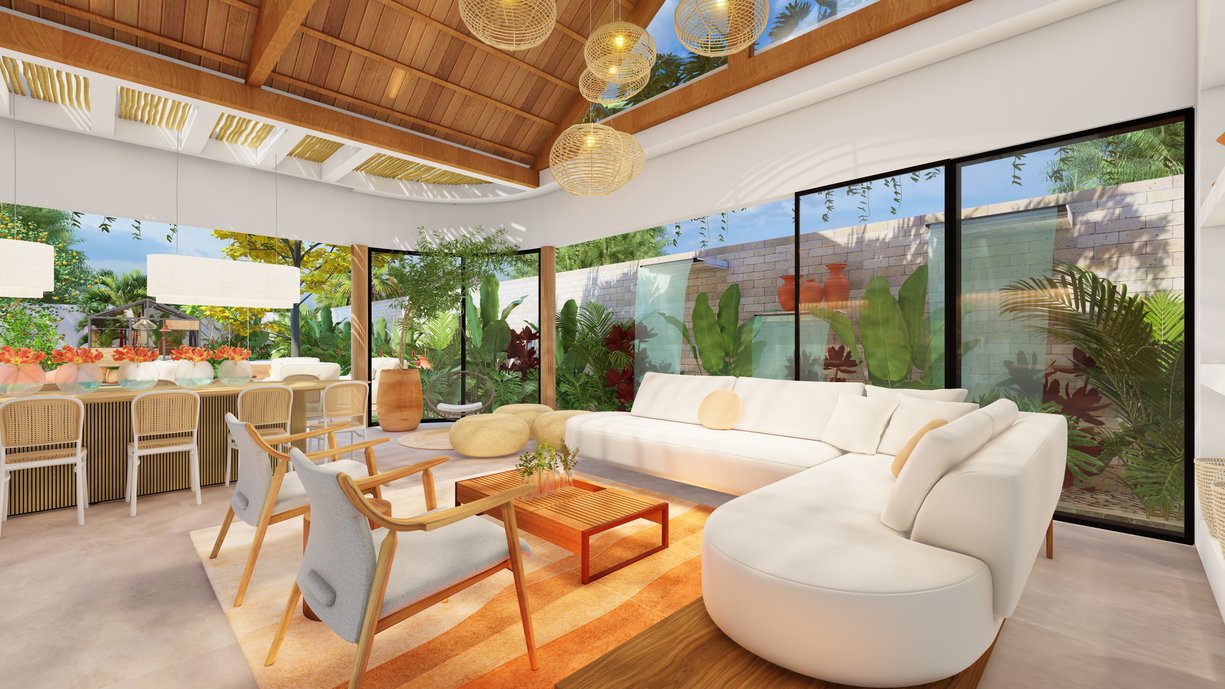 Um espaço aconchegante, integrado com os espaços externos, materiais naturais, madeira, palha, bambu...