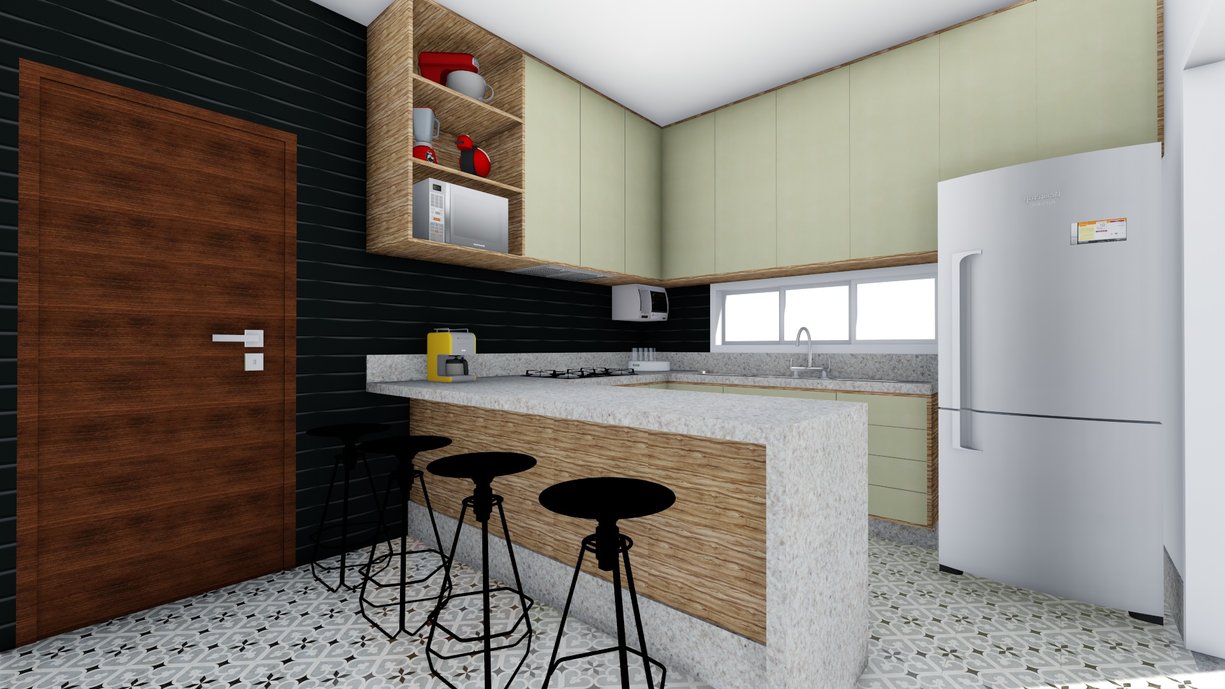 Cozinha com bancada gourmet e revestimento Liverpool black.