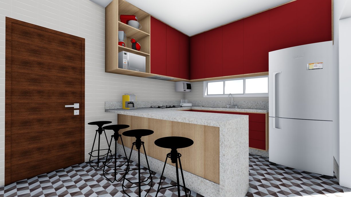 Cozinha com bancada gourmet e revestimento Liverpool Matt Nude nas paredes e no piso Ampla Designer.