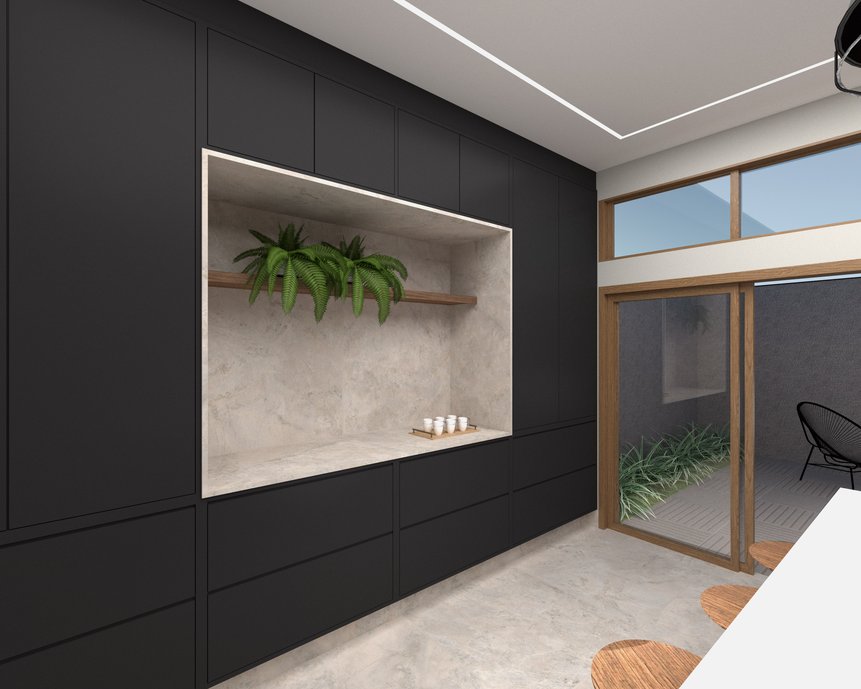 Cozinha combinando a estética do quartzito com a textura da matéria prima.