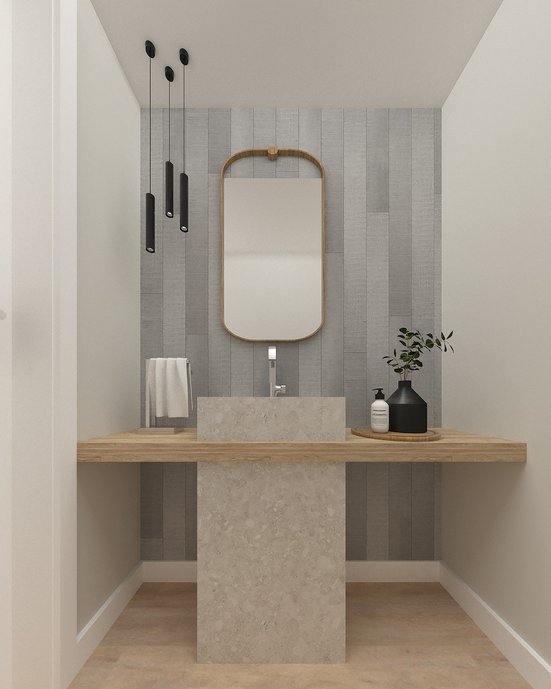 Projeto para lavabo em Florianópolis com cuba esculpida em Pietra Lombarda White e parede em Workshop Ash.