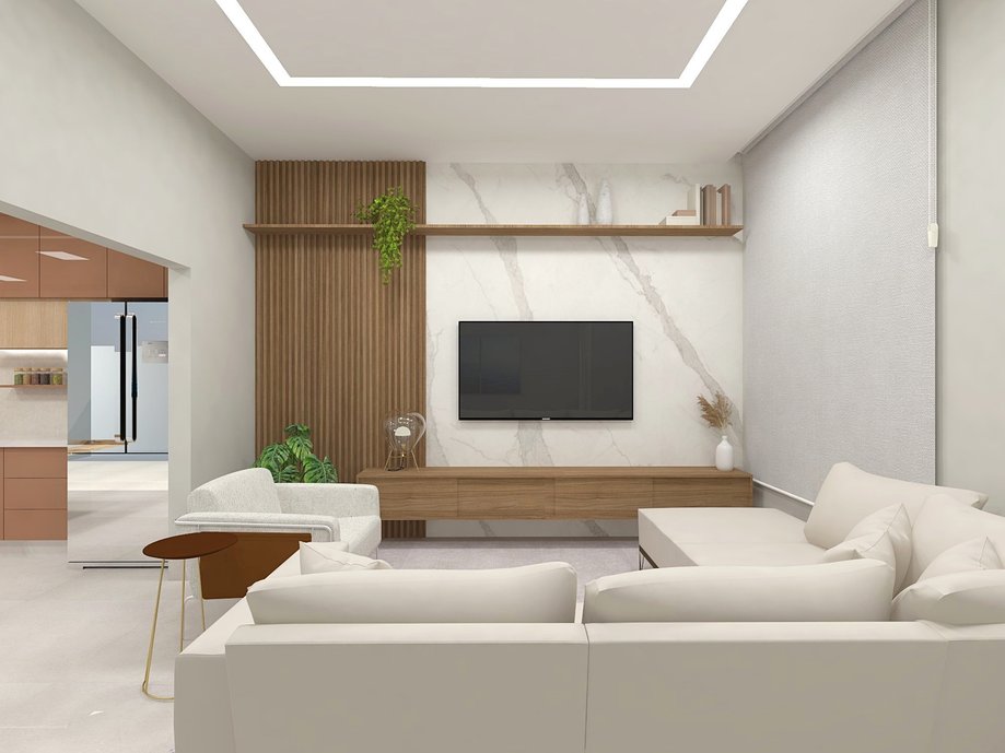 Proposta de uma sala com lançamentos da coleção unlimited 2021: piso Via Durini off white e painel com a lastra do produto Calacatta Blanc. Projetista Évelin Nakayama