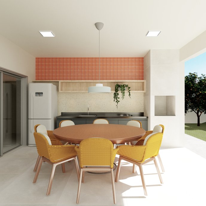 Projeto de interiores residencial - Varanda gourmet com a composição dos revestimentos Twist Straw Art 90x90 e Casablanca Cointreau Linha Casablanca 12,5x12,5